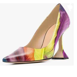 YDN Colorful Feather Print Pointed Toe Slip on Pumps Special High Heel Shoe